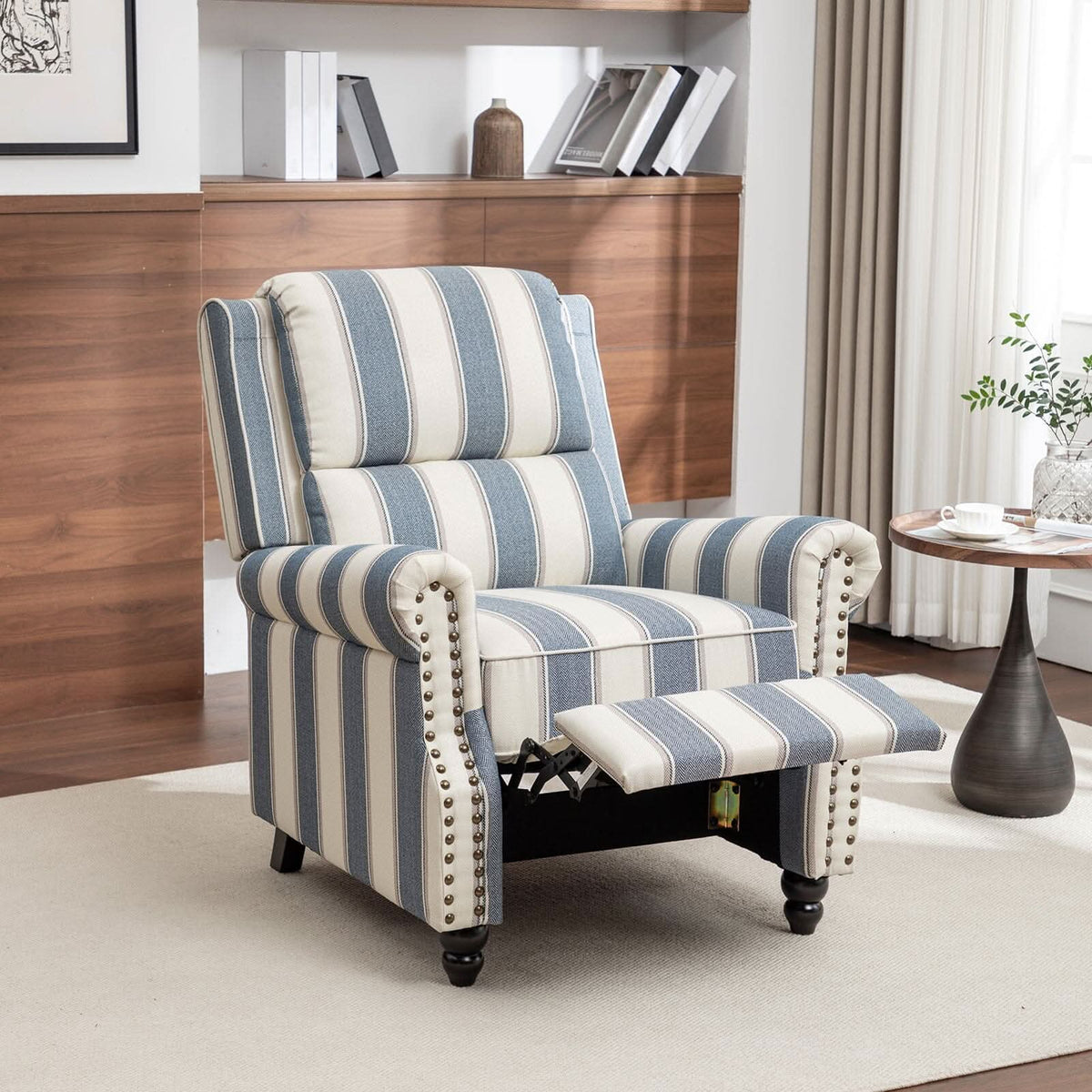 Stripe Linen Push Back Recliner Chair With Solid Wooden Legs
