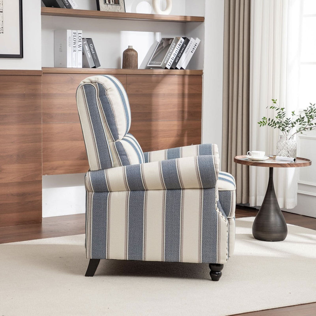 Stripe Linen Push Back Recliner Chair With Solid Wooden Legs