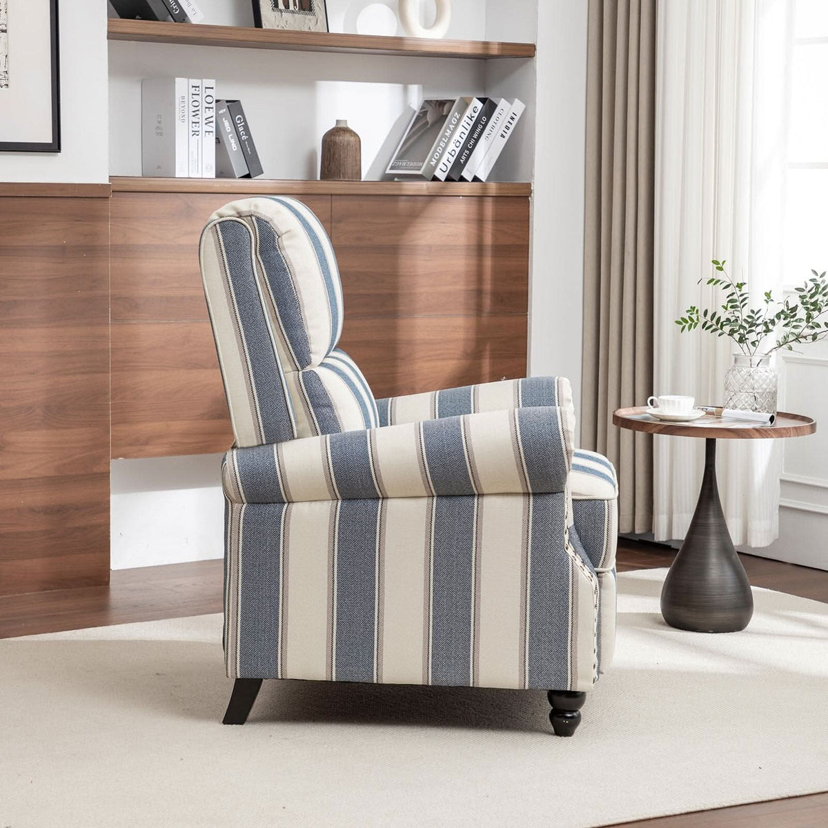 Stripe Linen Push Back Recliner Chair With Solid Wooden Legs