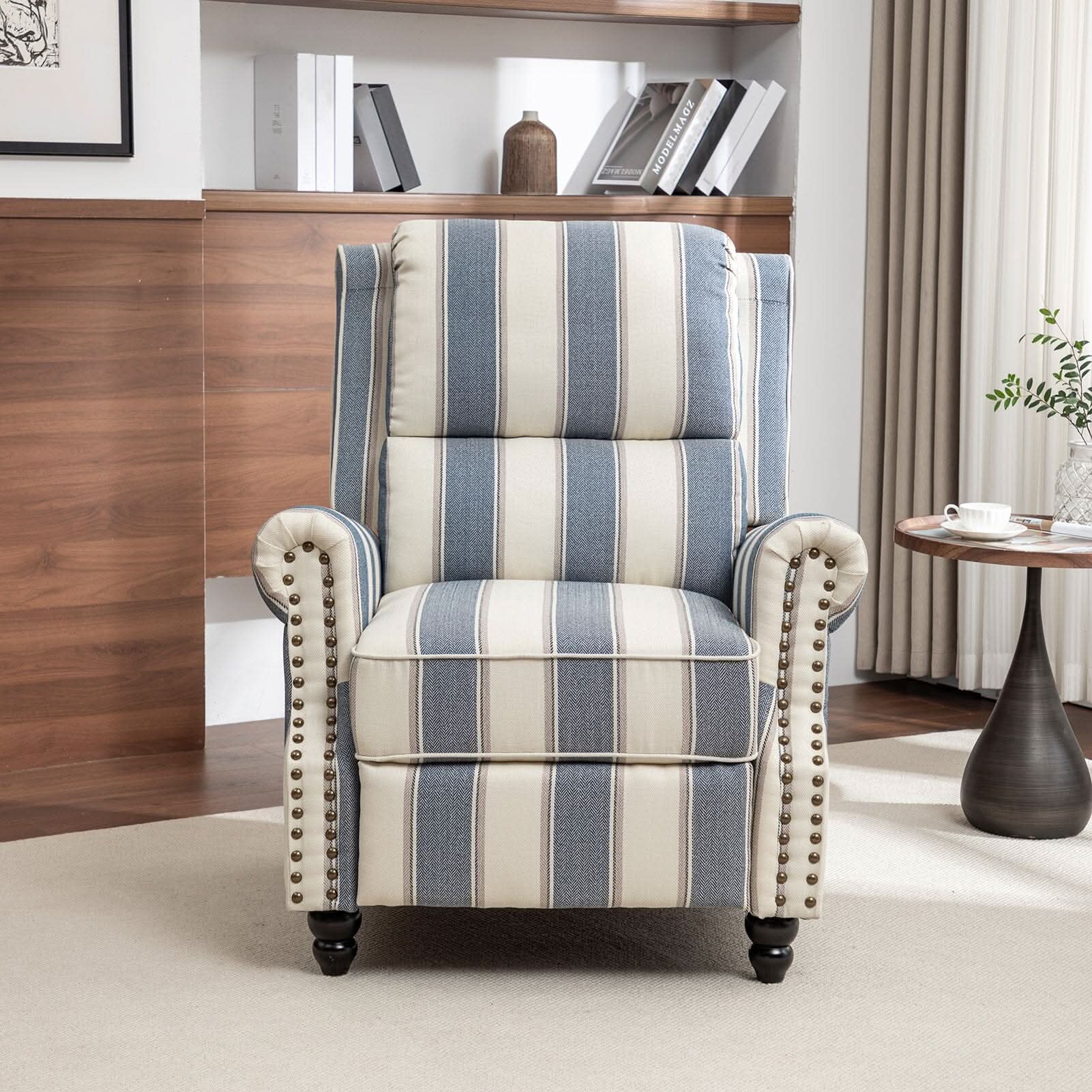 Stripe Linen Push Back Recliner Chair With Solid Wooden Legs