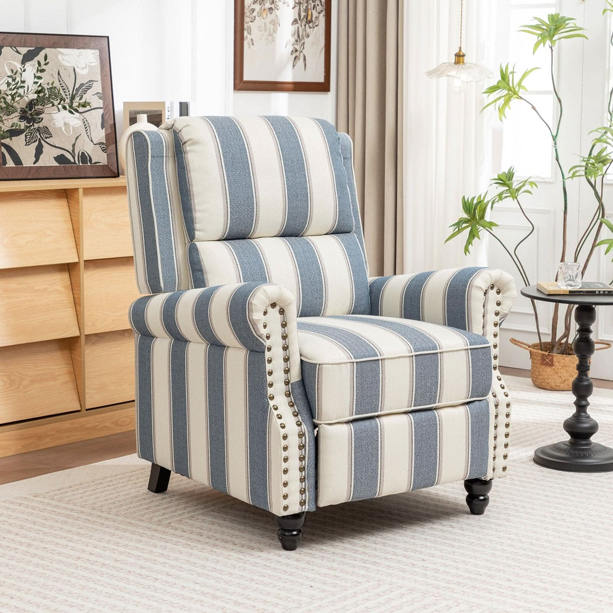 Stripe Linen Push Back Recliner Chair With Solid Wooden Legs