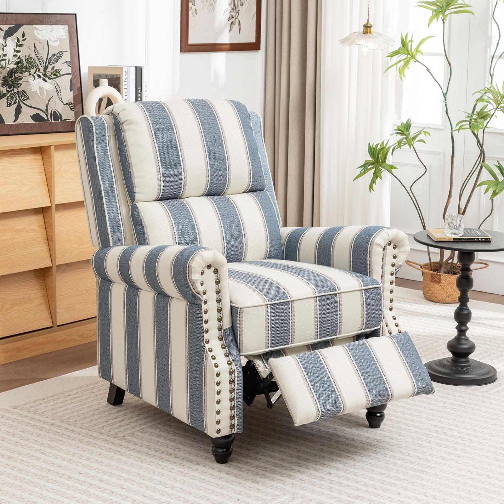Stripe Linen Push Back Recliner Chair With Solid Wooden Legs