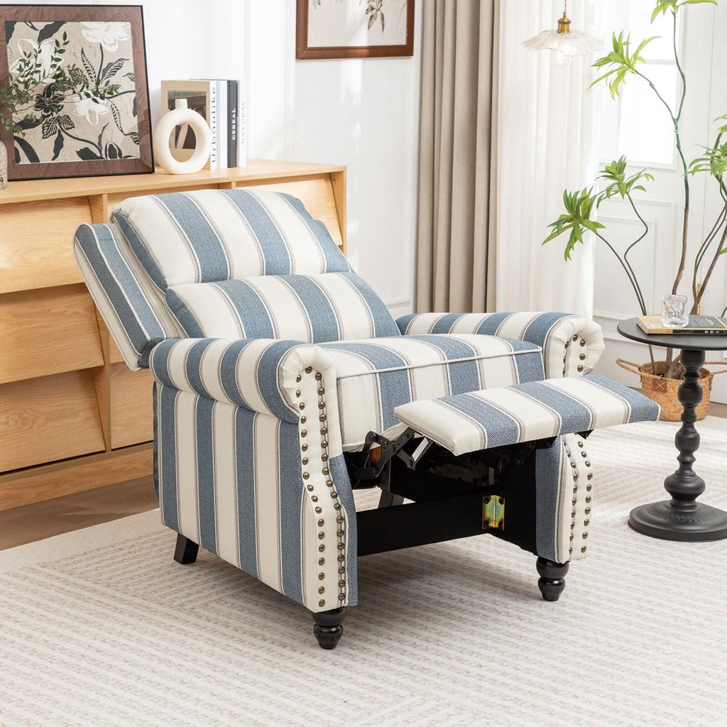 Stripe Linen Push Back Recliner Chair With Solid Wooden Legs