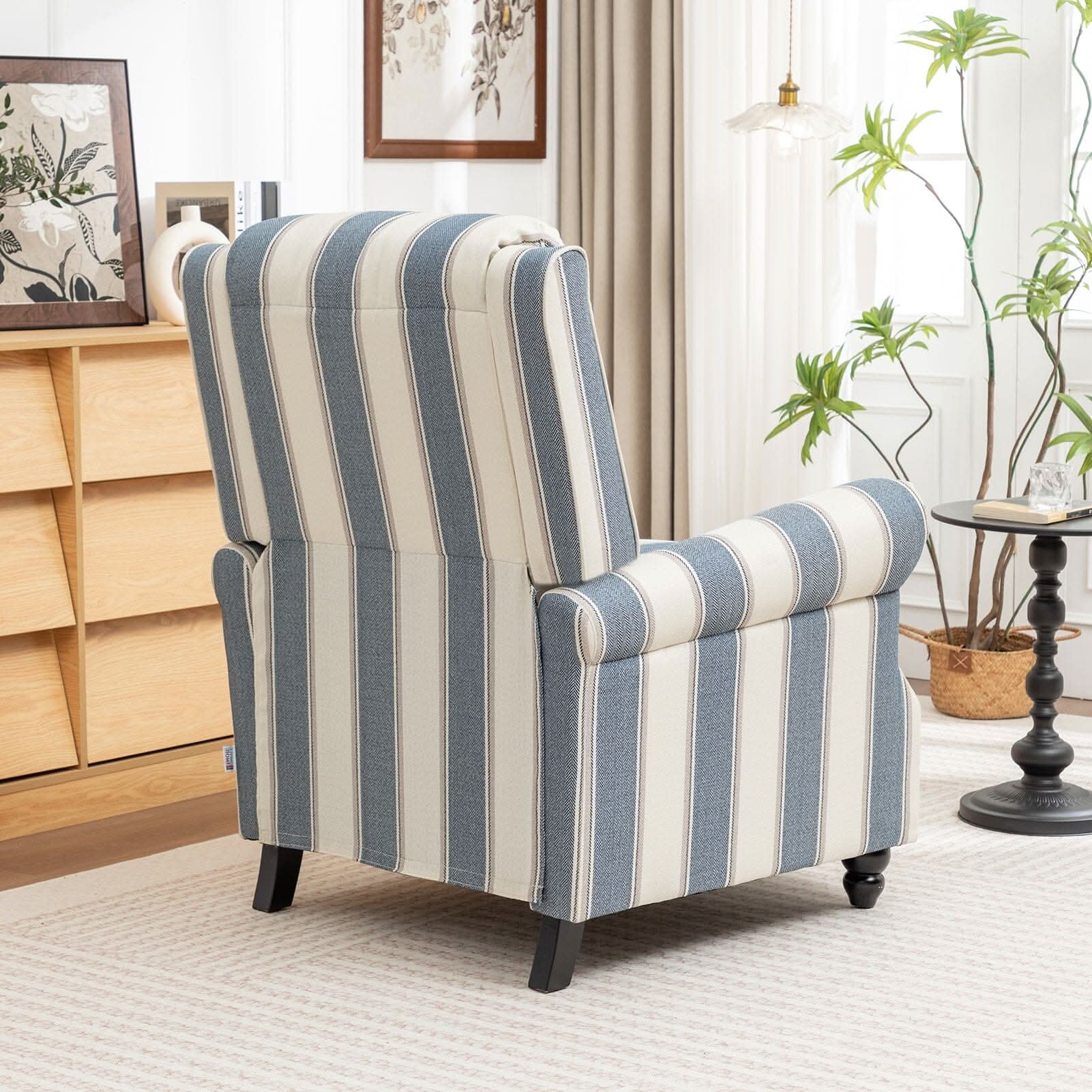 Stripe Linen Push Back Recliner Chair With Solid Wooden Legs