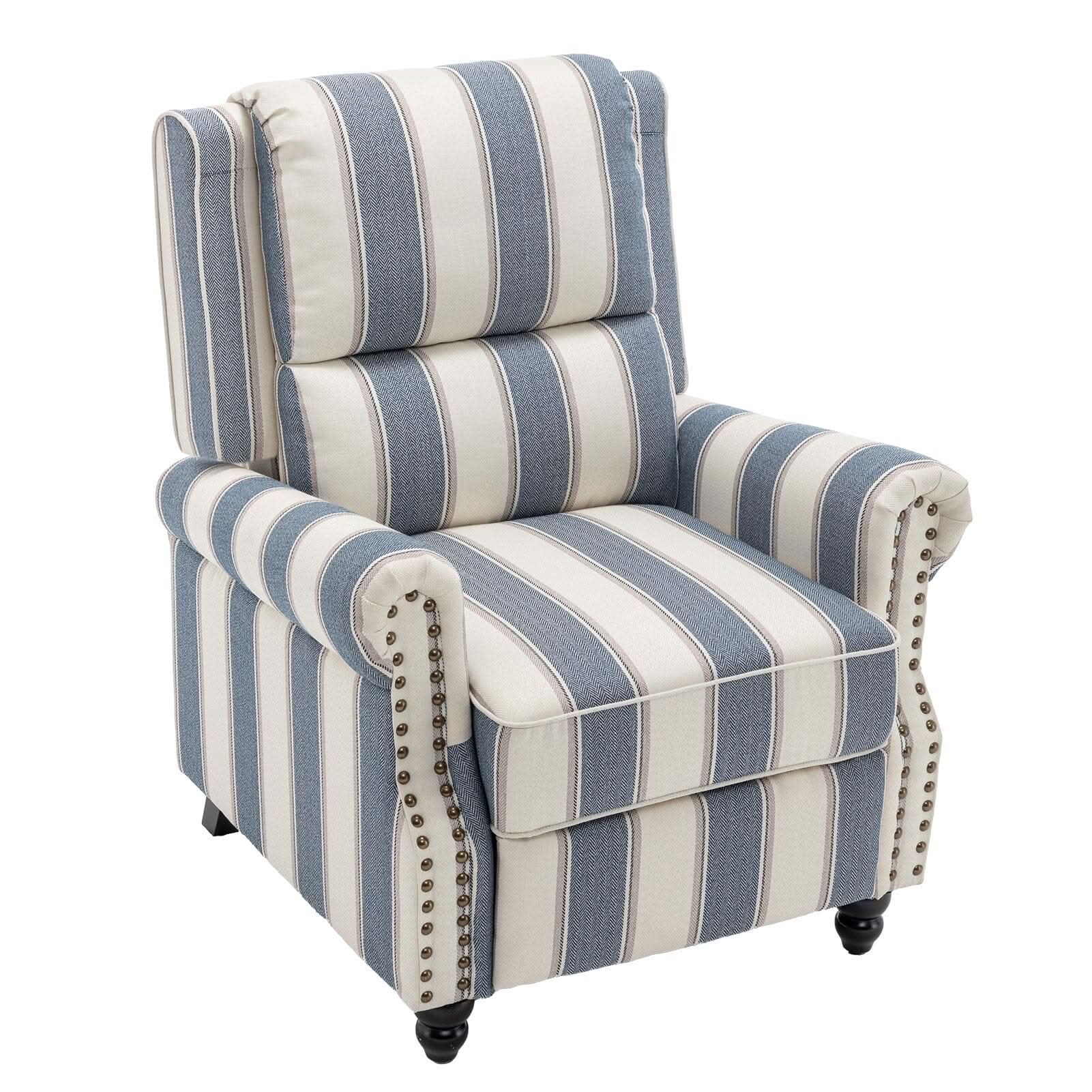 Stripe Linen Push Back Recliner Chair With Solid Wooden Legs
