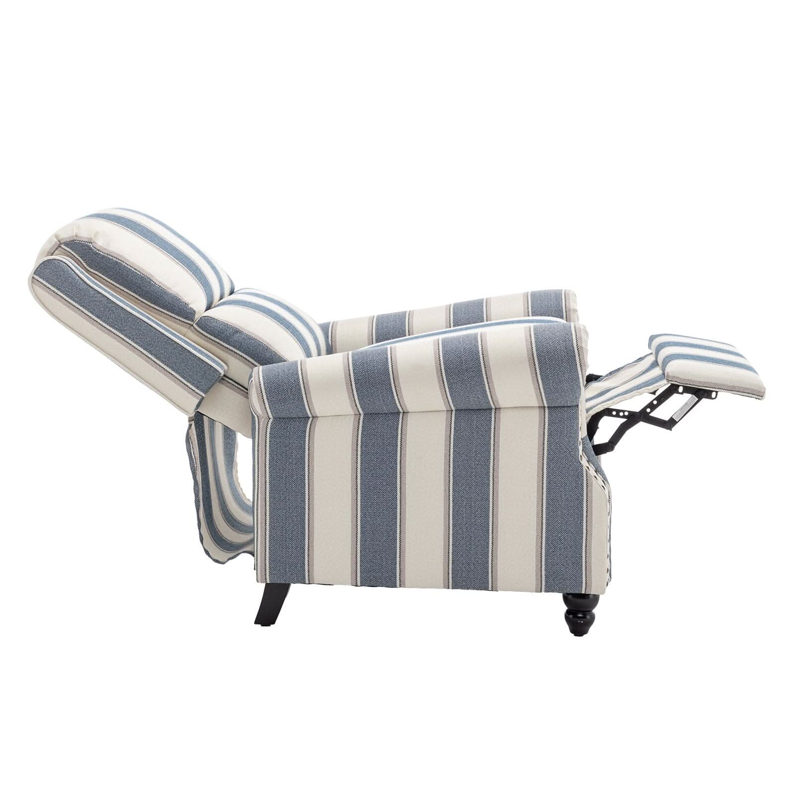 Stripe Linen Push Back Recliner Chair With Solid Wooden Legs