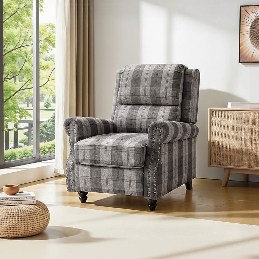 Stripe Linen Push Back Recliner Chair With Solid Wooden Legs