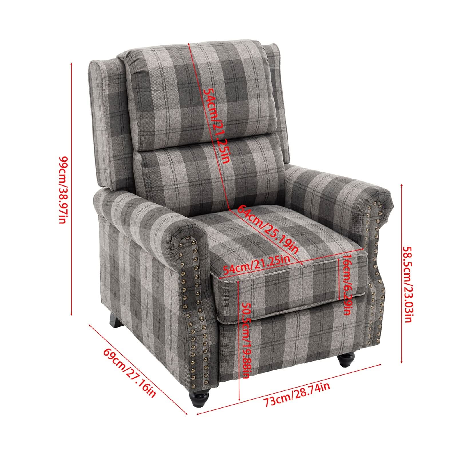 Stripe Linen Push Back Recliner Chair With Solid Wooden Legs