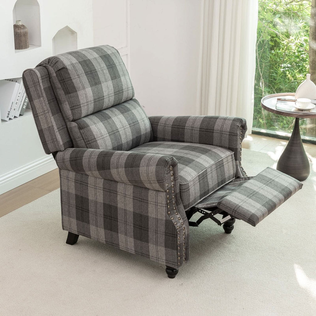 Stripe Linen Push Back Recliner Chair With Solid Wooden Legs