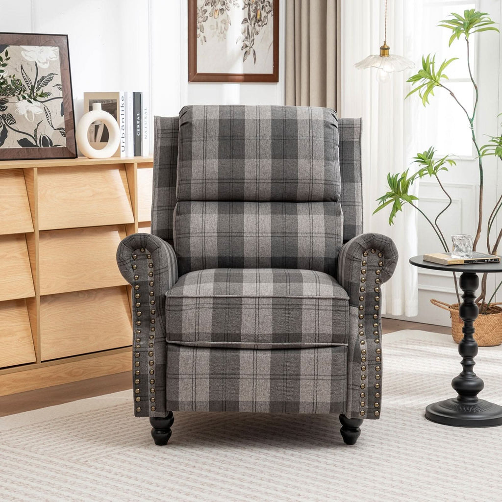Stripe Linen Push Back Recliner Chair With Solid Wooden Legs