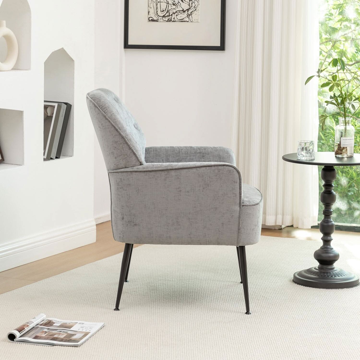Chenille Accent Chair with Metal Legs & Quick Pin Assembly