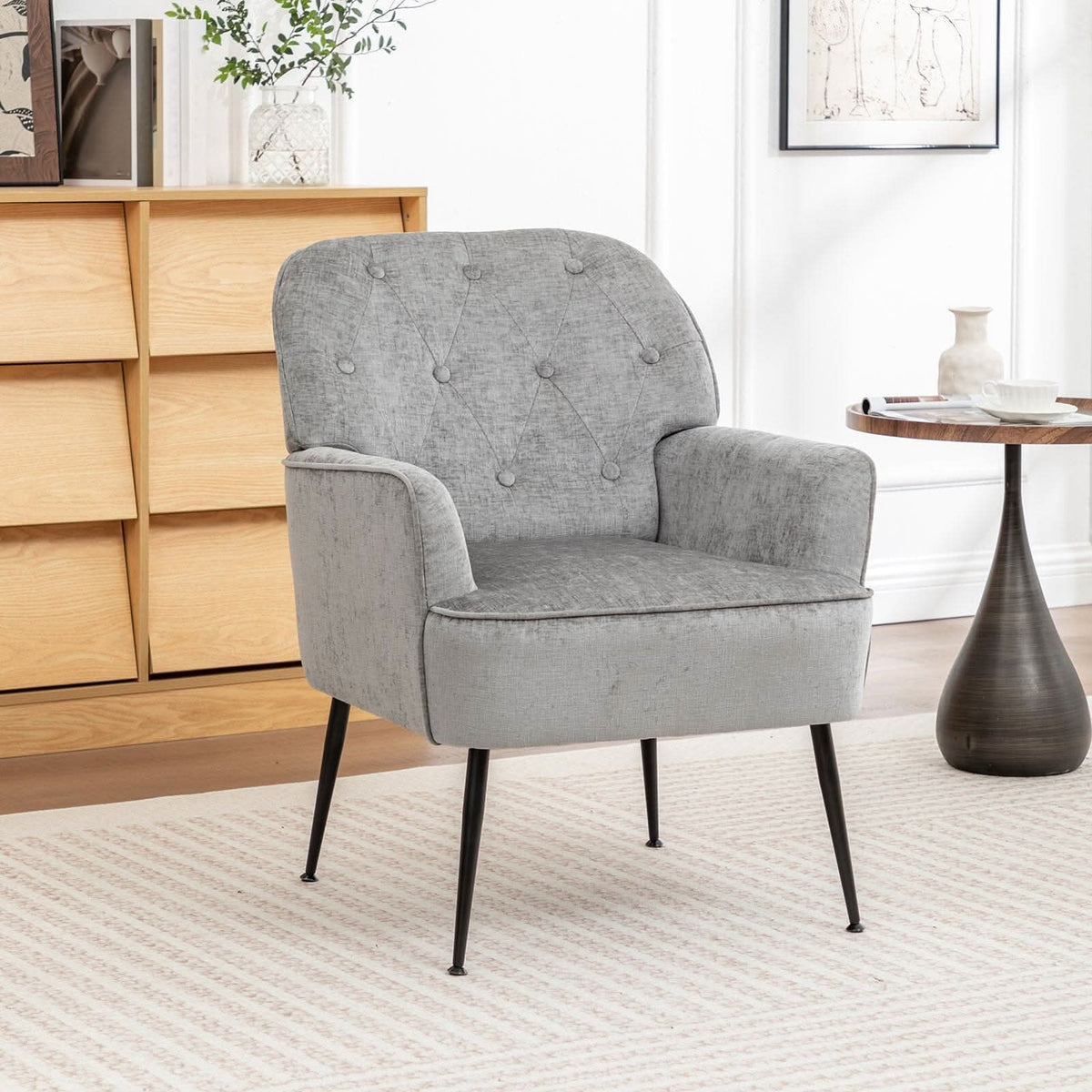 Chenille Accent Chair with Metal Legs & Quick Pin Assembly
