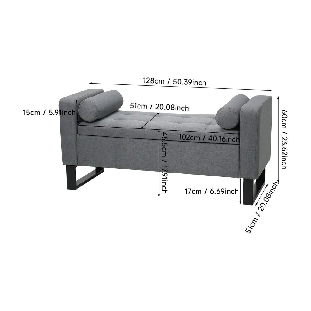 Grey Linen Storage Bench with Lift Up Seat and Iron Base