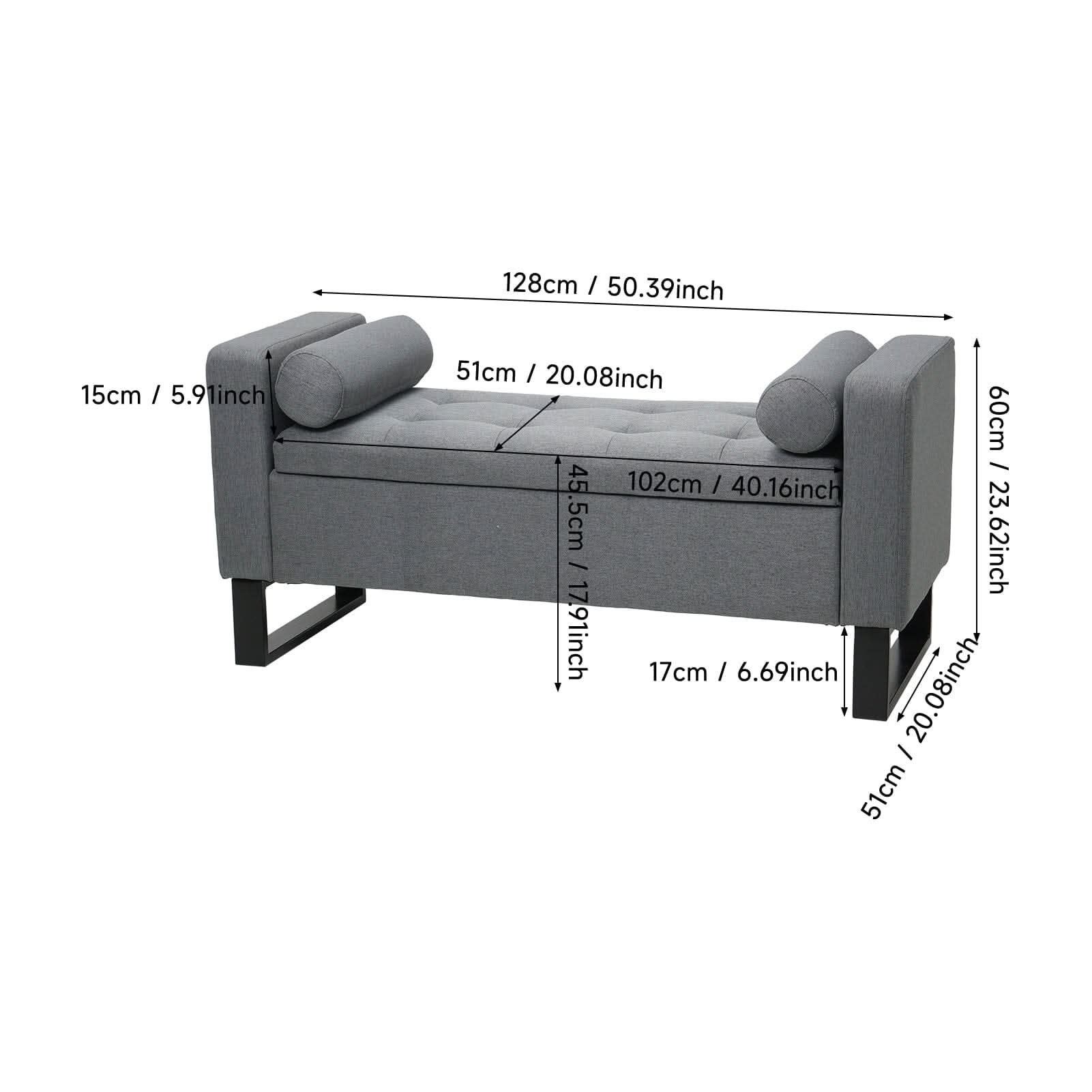 Grey Linen Storage Bench with Lift Up Seat and Iron Base