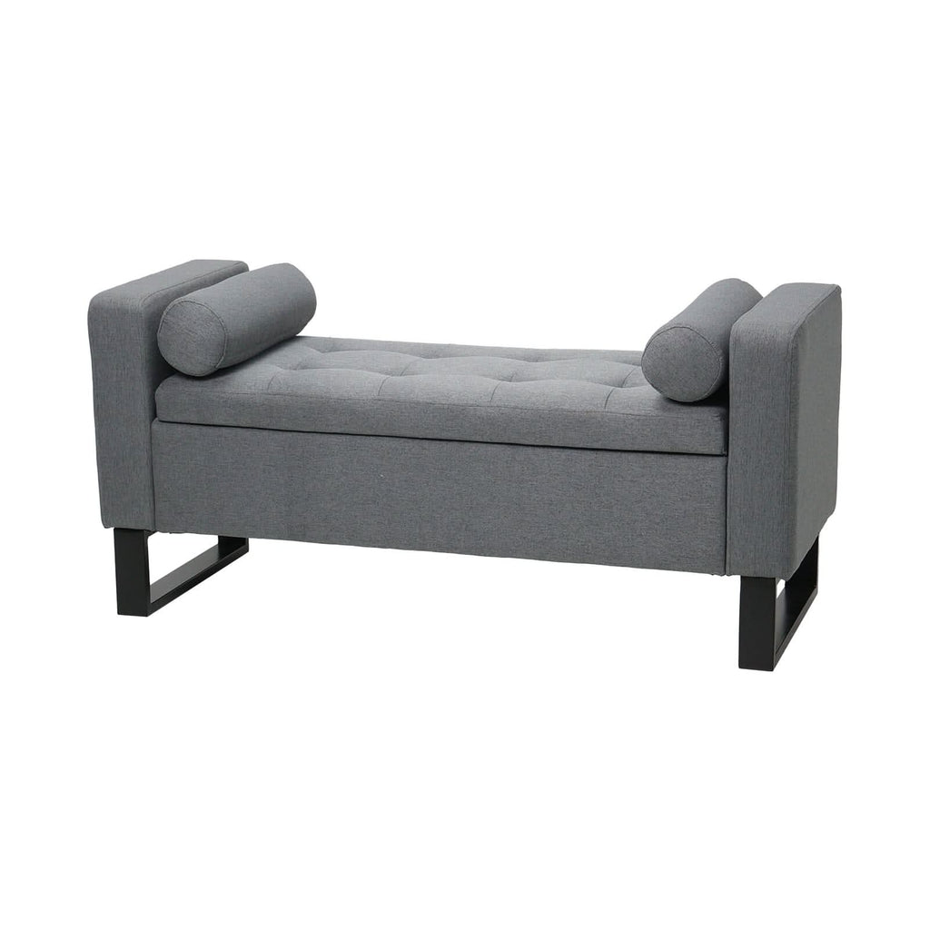 Grey Linen Storage Bench with Lift Up Seat and Iron Base