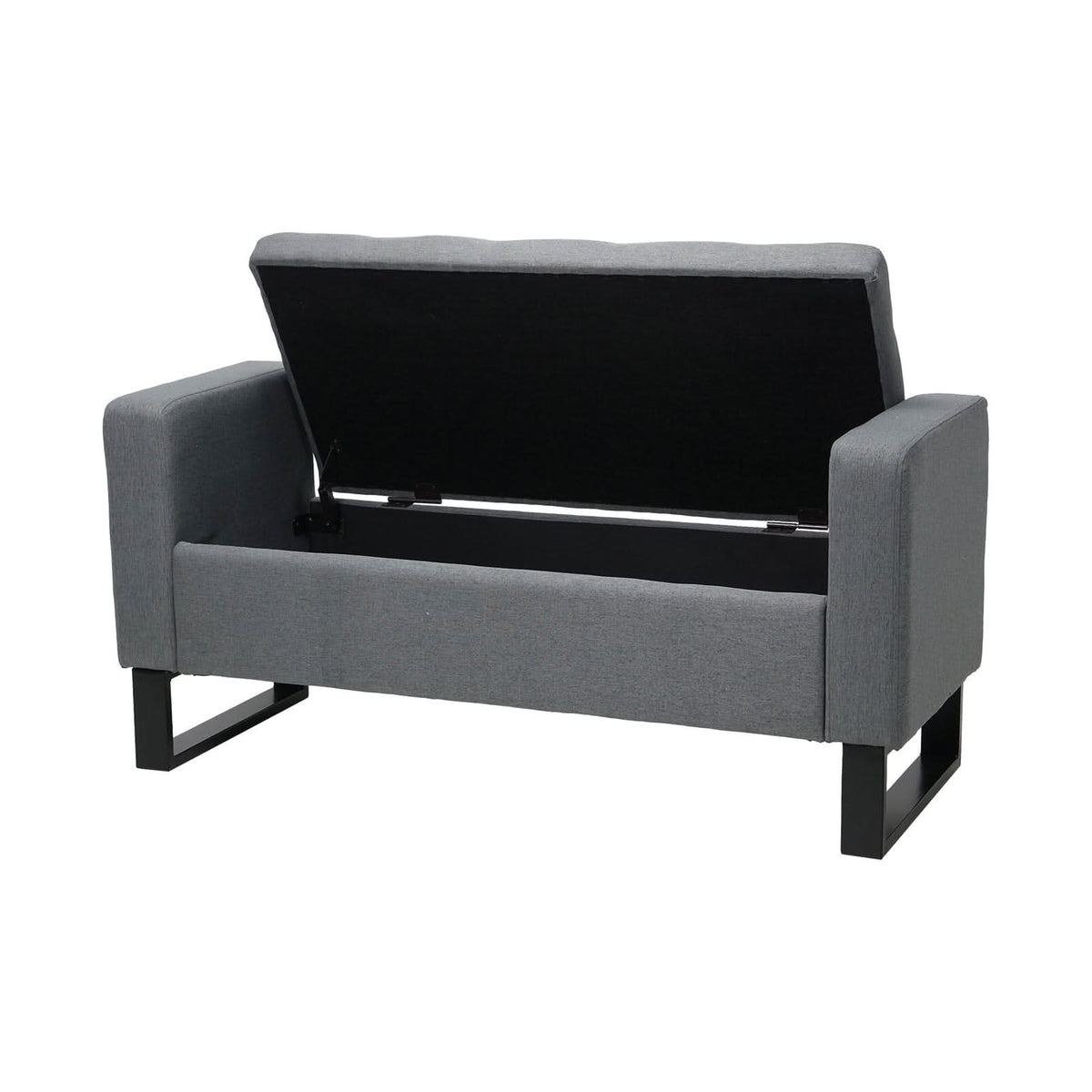 Grey Linen Storage Bench with Lift Up Seat and Iron Base