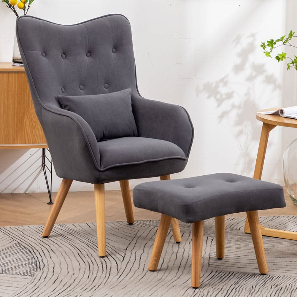 Scalloped Velvet Accent Chair with Ottoman & Button Tufting