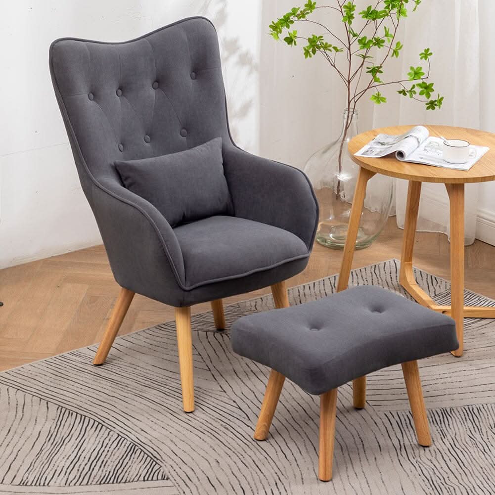 Scalloped Velvet Accent Chair with Ottoman & Button Tufting