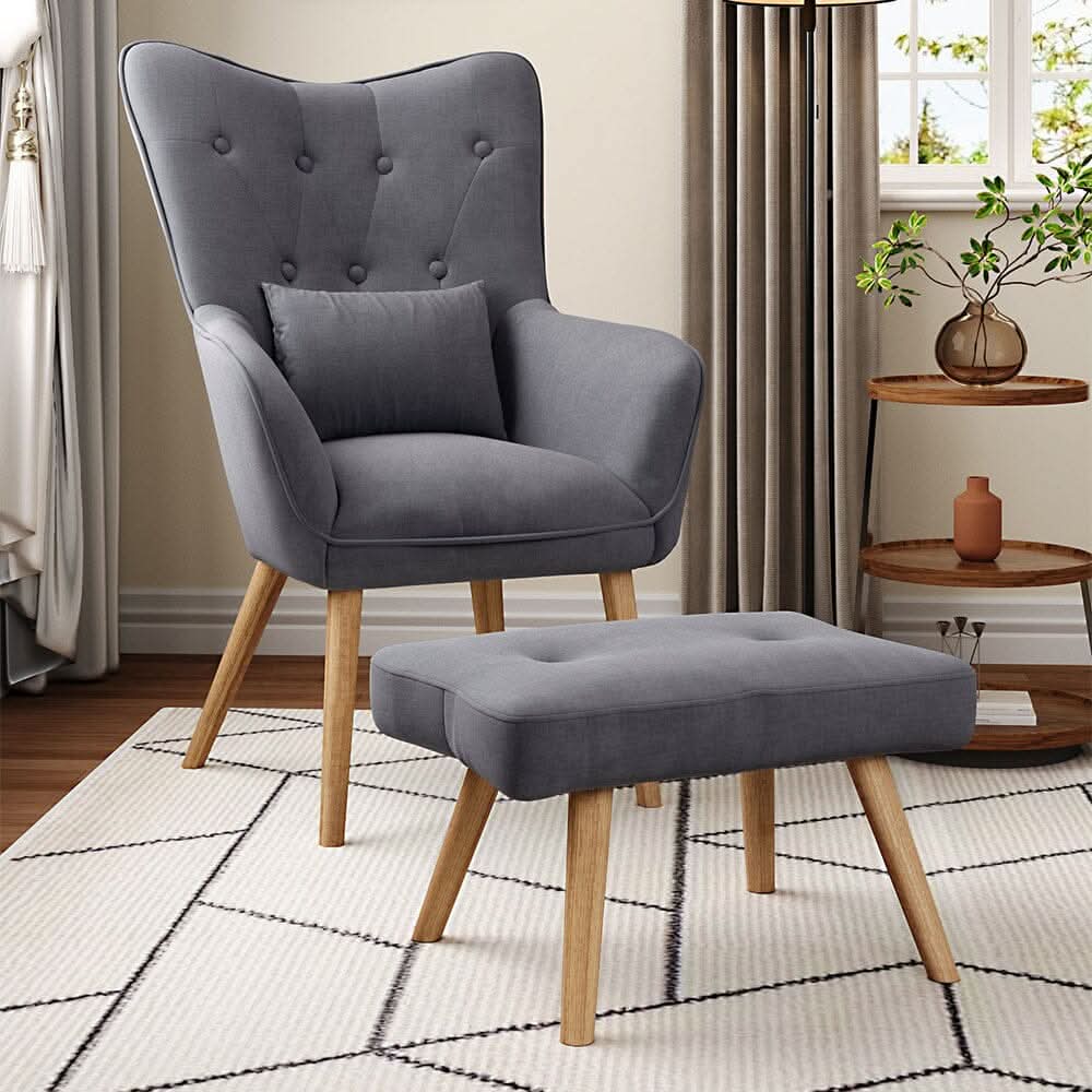 Scalloped Velvet Accent Chair with Ottoman & Button Tufting