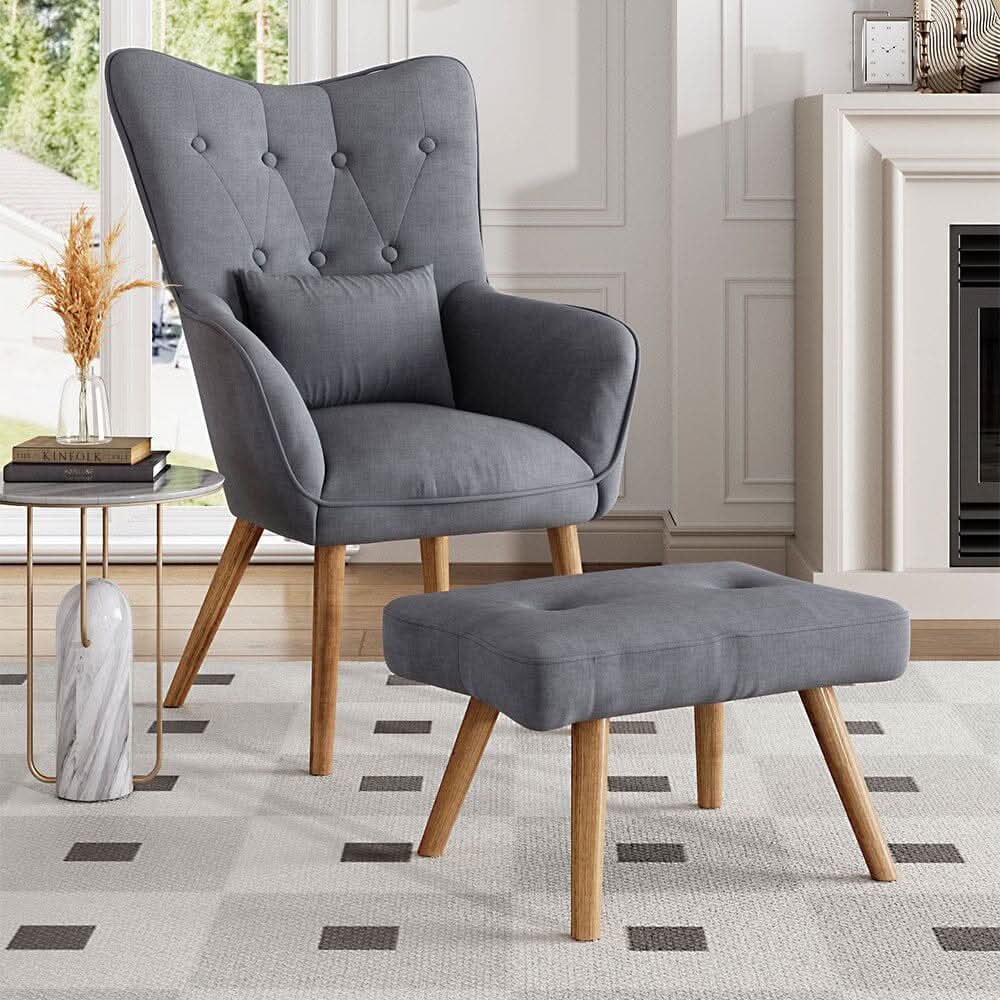 Scalloped Velvet Accent Chair with Ottoman & Button Tufting