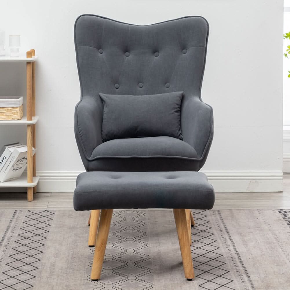 Scalloped Velvet Accent Chair with Ottoman & Button Tufting