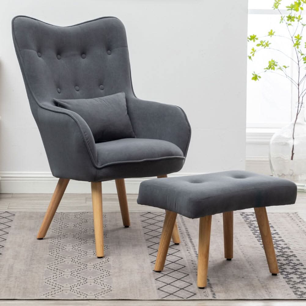 Scalloped Velvet Accent Chair with Ottoman & Button Tufting