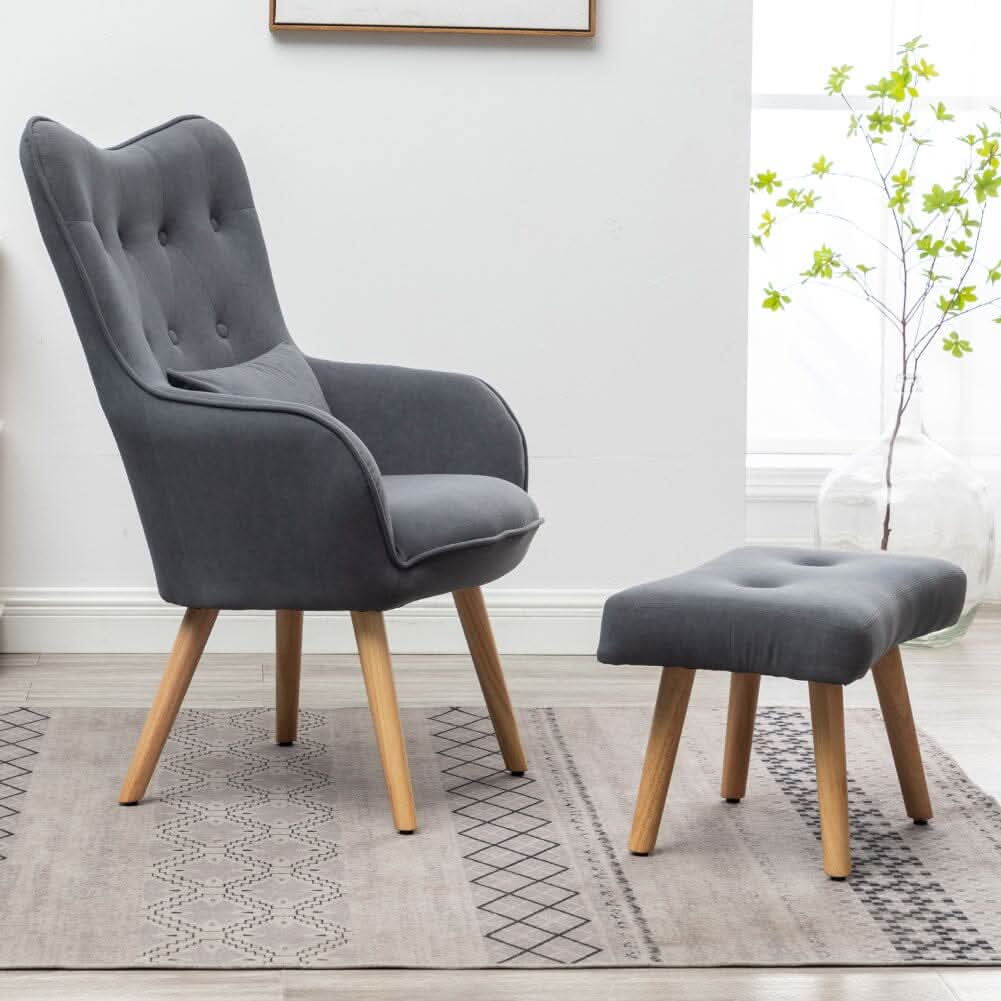 Scalloped Velvet Accent Chair with Ottoman & Button Tufting