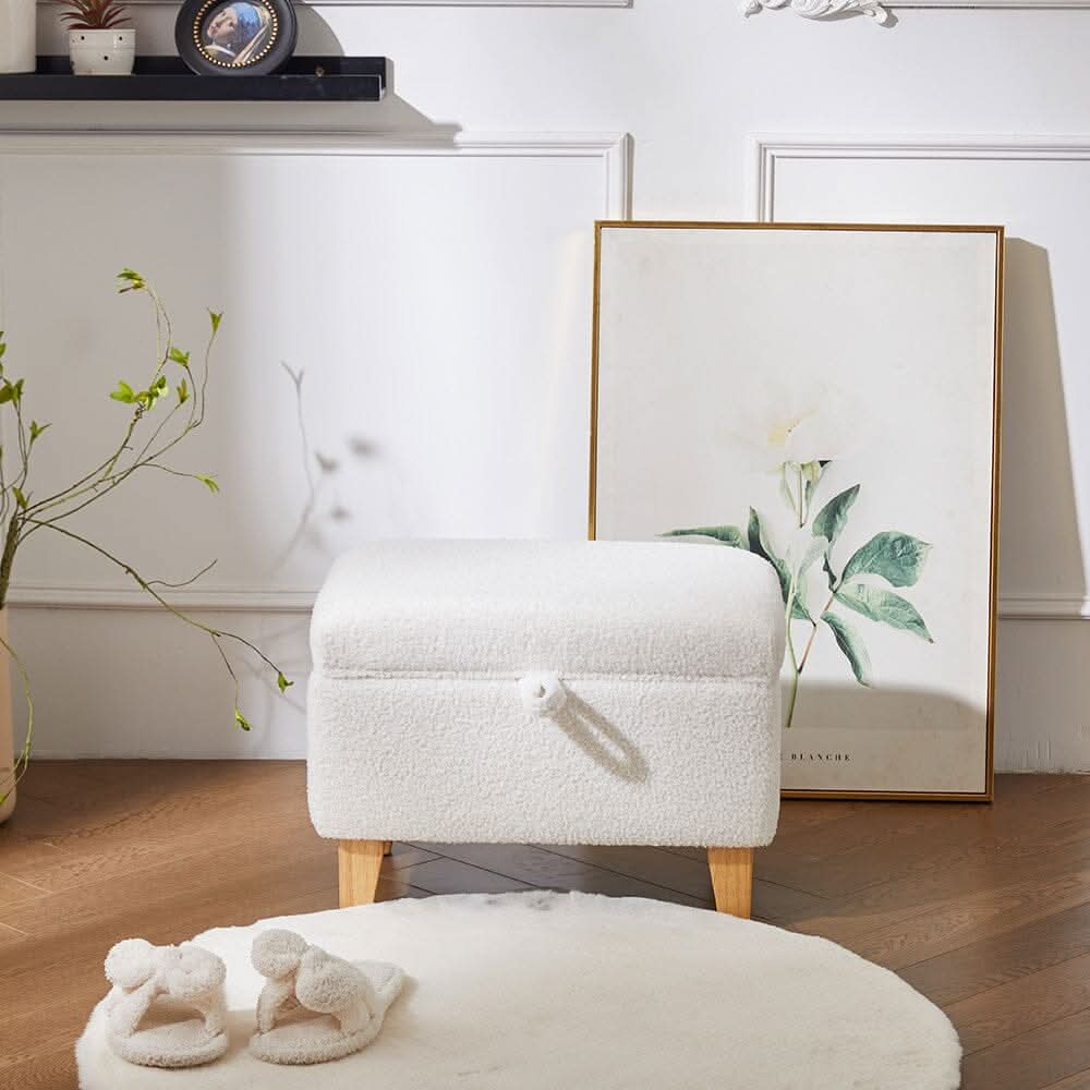 Compact Teddy Fabric Storage Ottoman with Lift-Up Seat and Solid Wood Legs