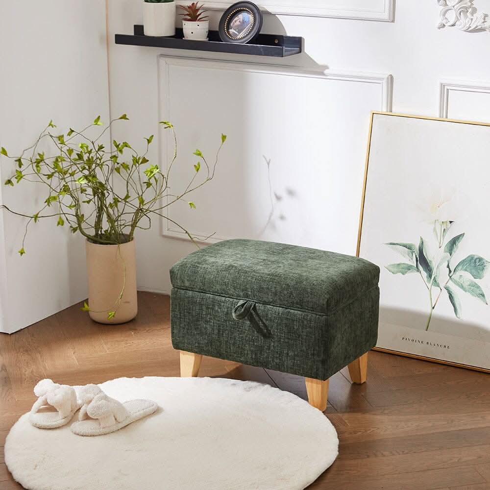 Compact Teddy Fabric Storage Ottoman with Lift-Up Seat and Solid Wood Legs
