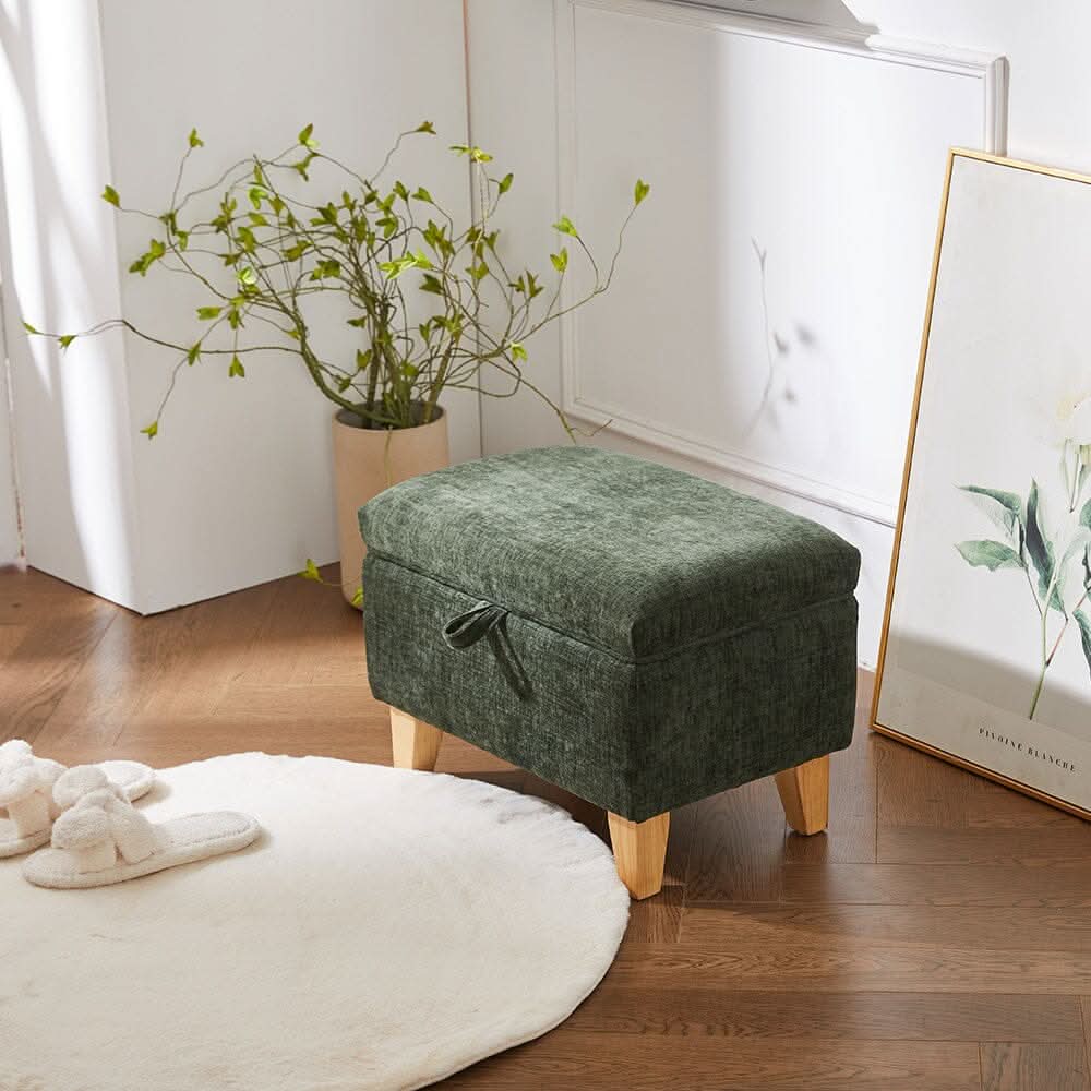 Compact Teddy Fabric Storage Ottoman with Lift-Up Seat and Solid Wood Legs