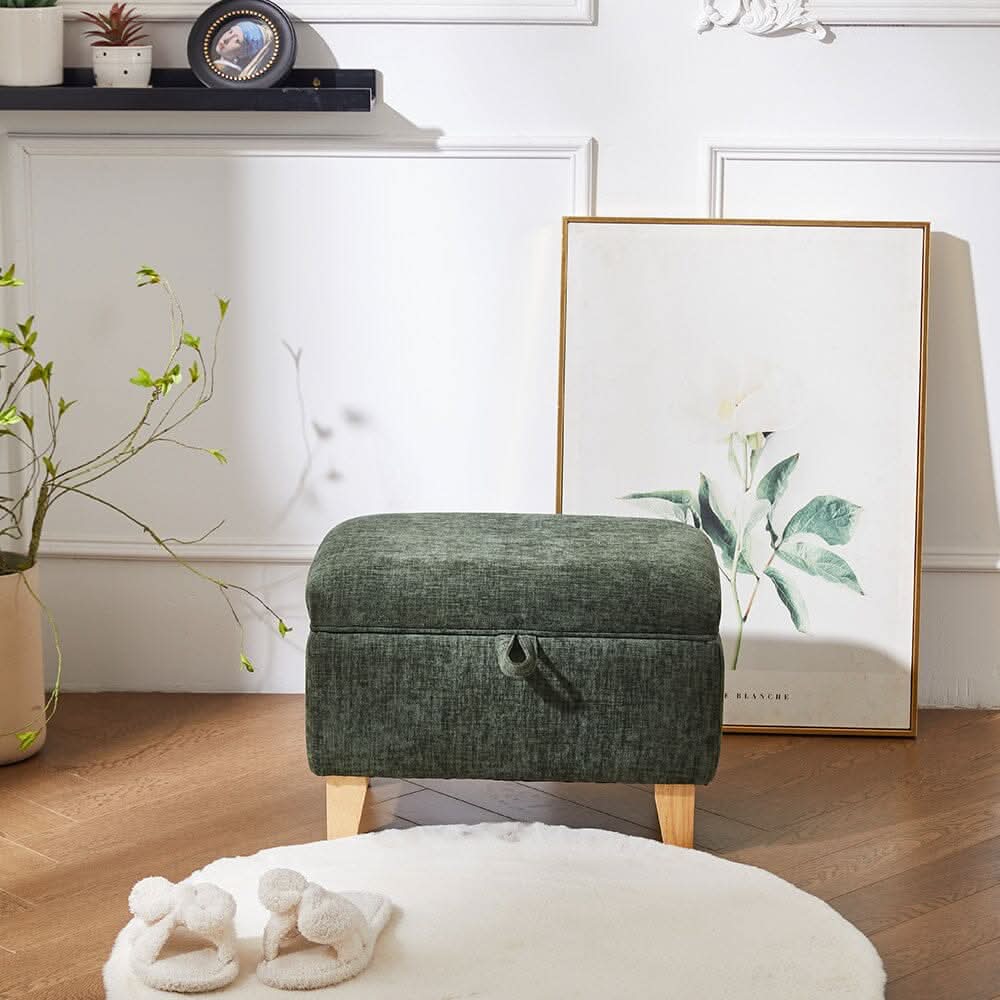 Compact Teddy Fabric Storage Ottoman with Lift-Up Seat and Solid Wood Legs