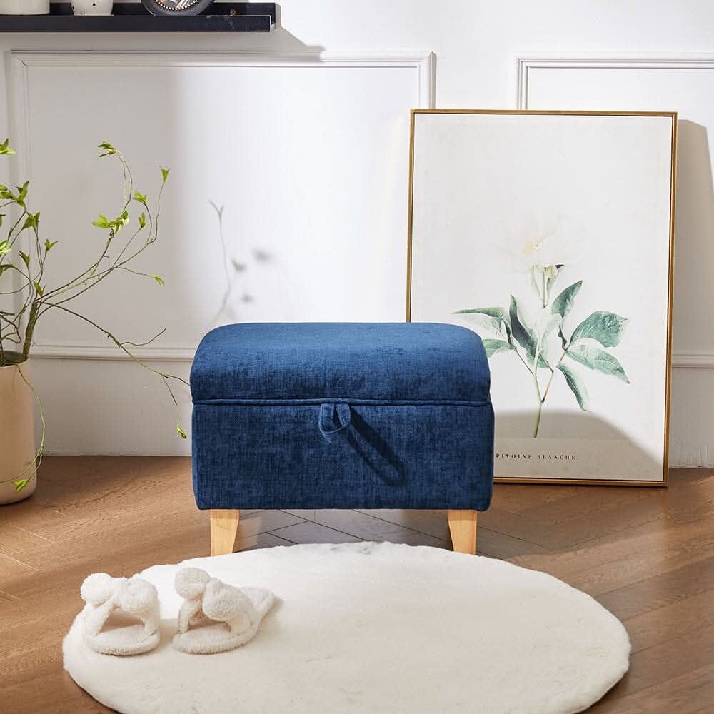 Compact Teddy Fabric Storage Ottoman with Lift-Up Seat and Solid Wood Legs