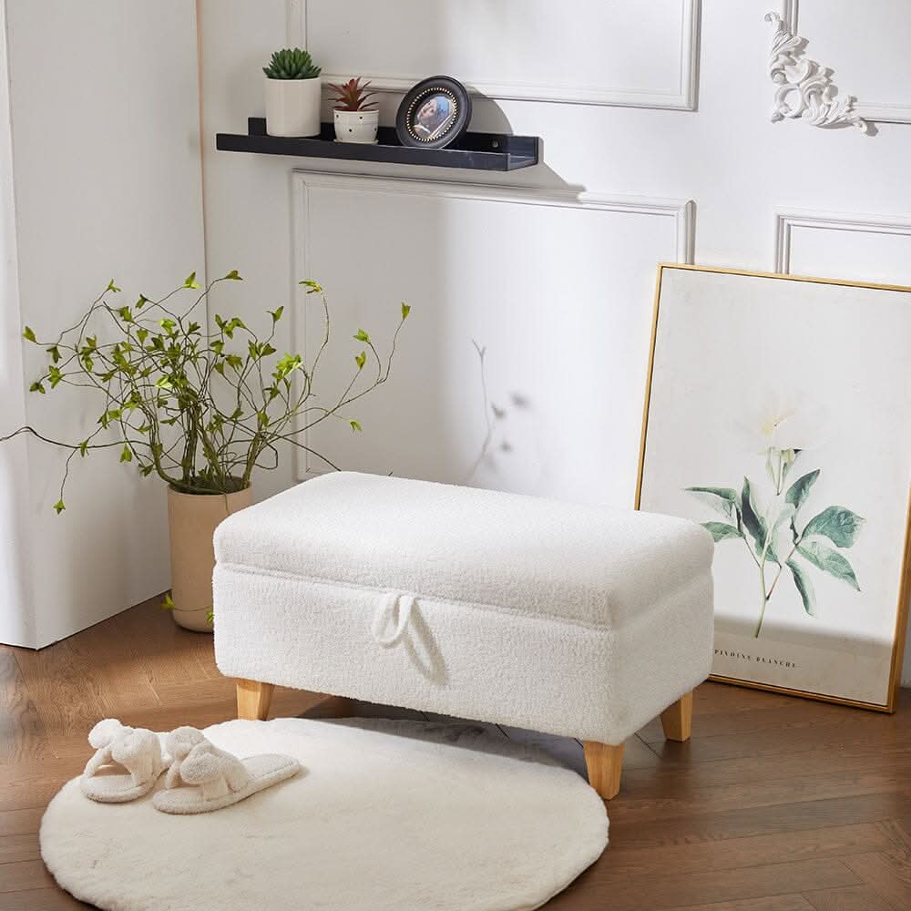 Compact Teddy Fabric Storage Ottoman with Lift-Up Seat and Solid Wood Legs