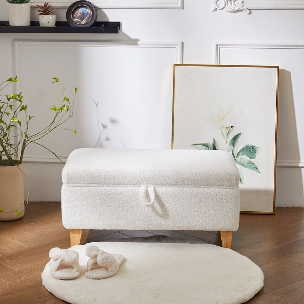 Compact Teddy Fabric Storage Ottoman with Lift-Up Seat and Solid Wood Legs