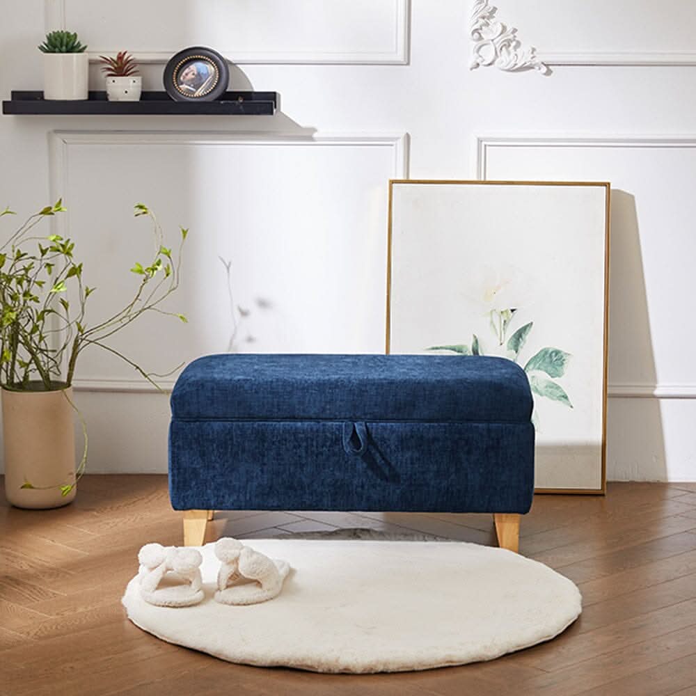 Compact Teddy Fabric Storage Ottoman with Lift-Up Seat and Solid Wood Legs