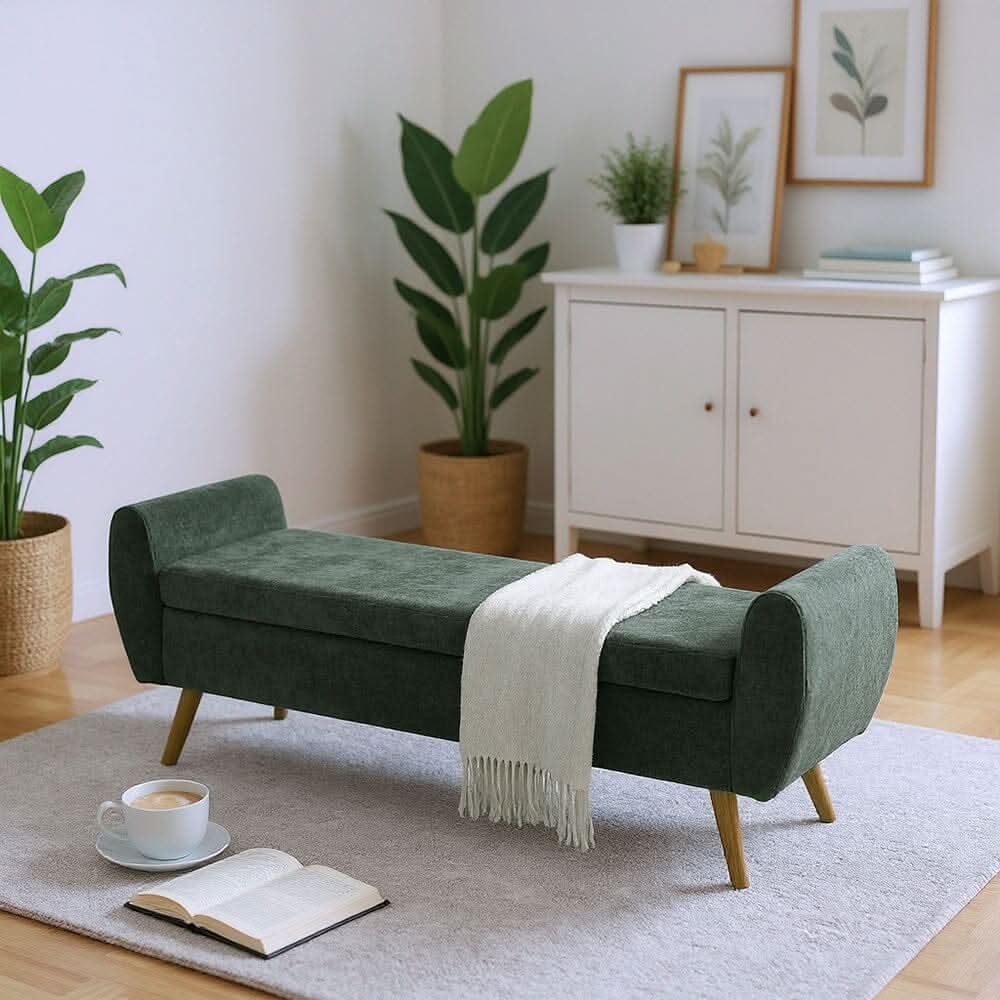Upholstered Storage Bench with Lift-Up Seat and Wooden Legs