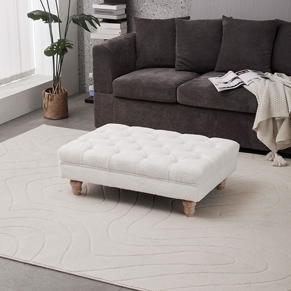 Tufted Upholstered Bench Teddy Fabric White with Turned Wooden Legs