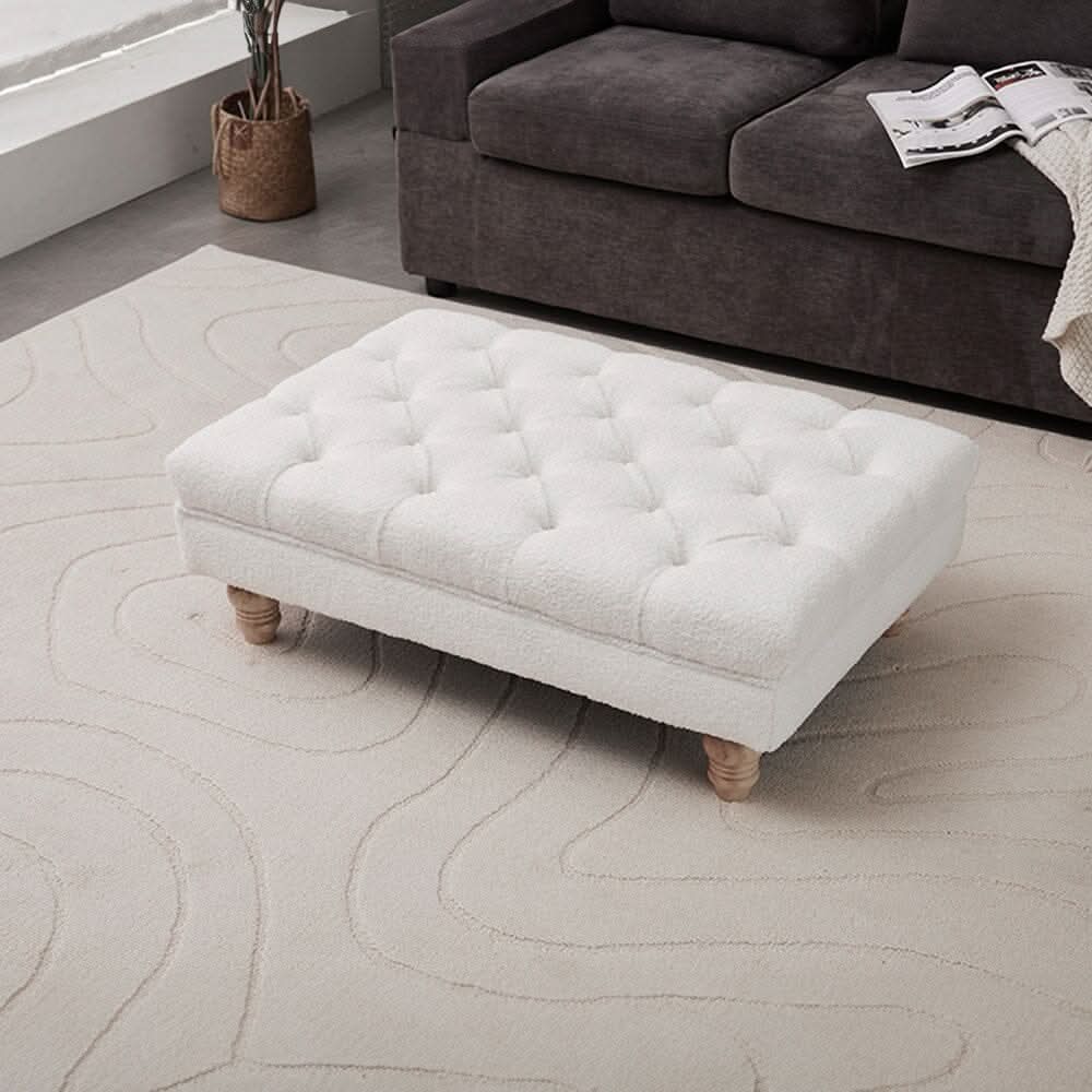 Tufted Upholstered Bench Teddy Fabric White with Turned Wooden Legs