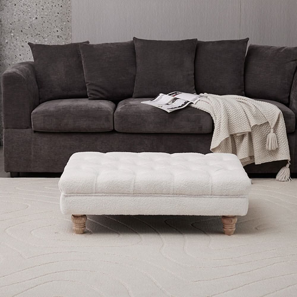 Tufted Upholstered Bench Teddy Fabric White with Turned Wooden Legs