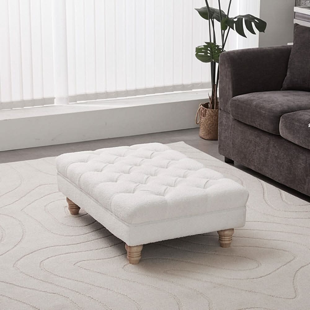 Tufted Upholstered Bench Teddy Fabric White with Turned Wooden Legs