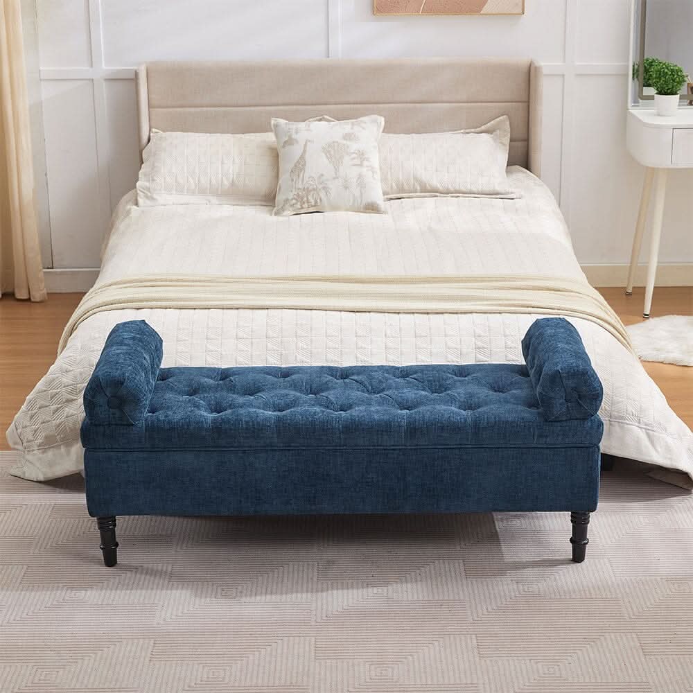 Chenille Upholstered Storage Bench with Lift-Up Seat and Double Cushions