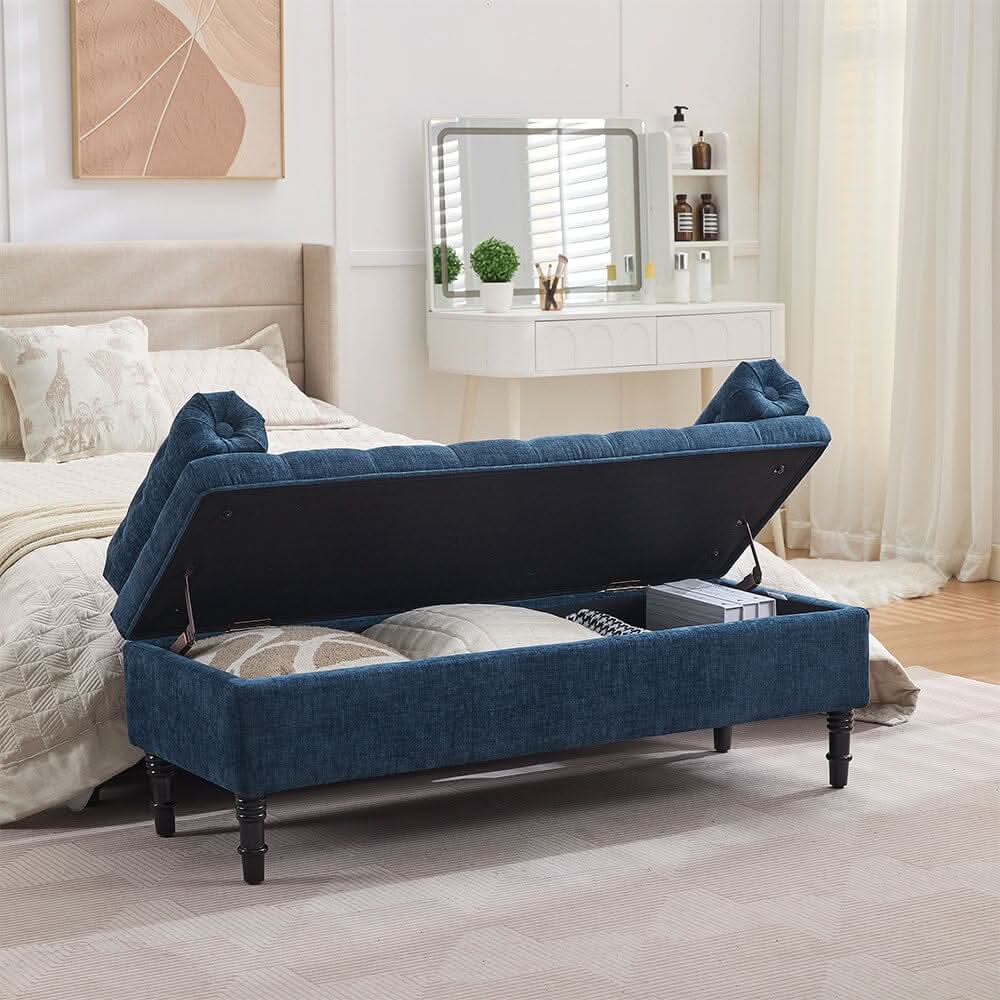 Chenille Upholstered Storage Bench with Lift-Up Seat and Double Cushions