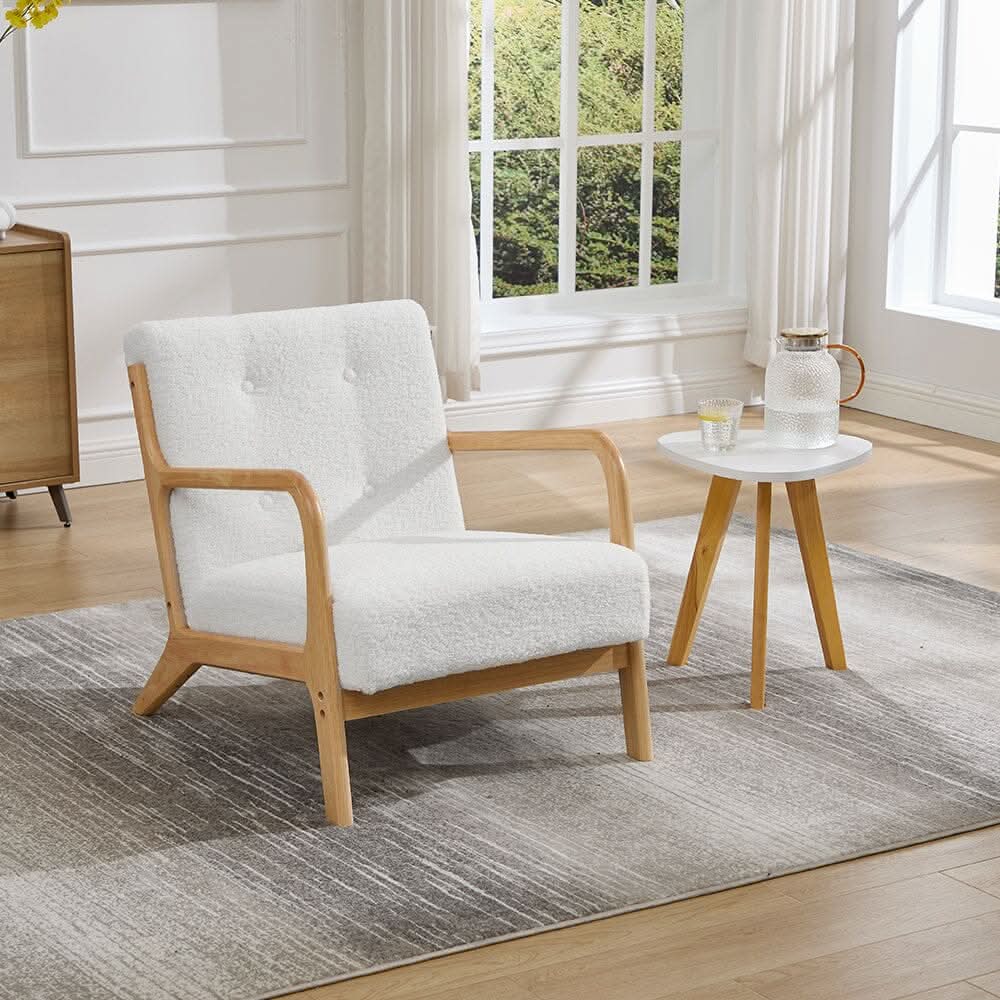 White Teddy Fleece Accent Chair with Solid Wood Arms & Modular Design