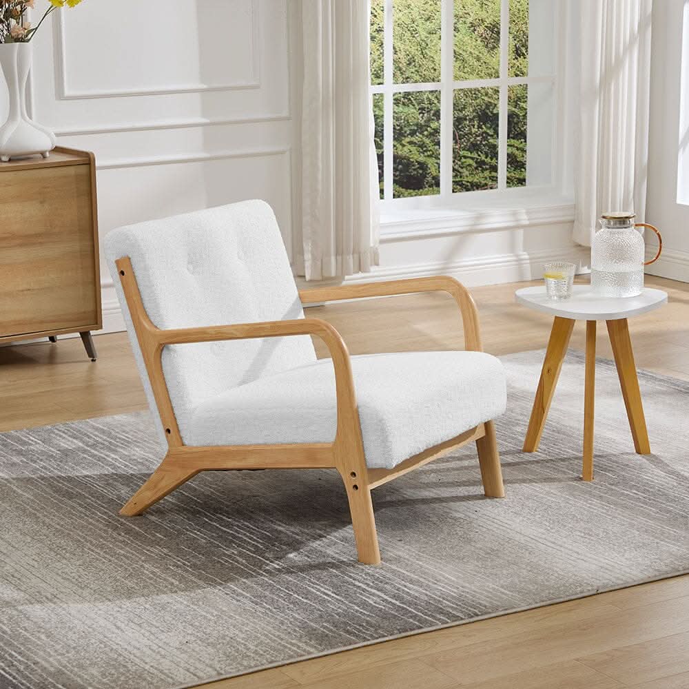 White Teddy Fleece Accent Chair with Solid Wood Arms & Modular Design