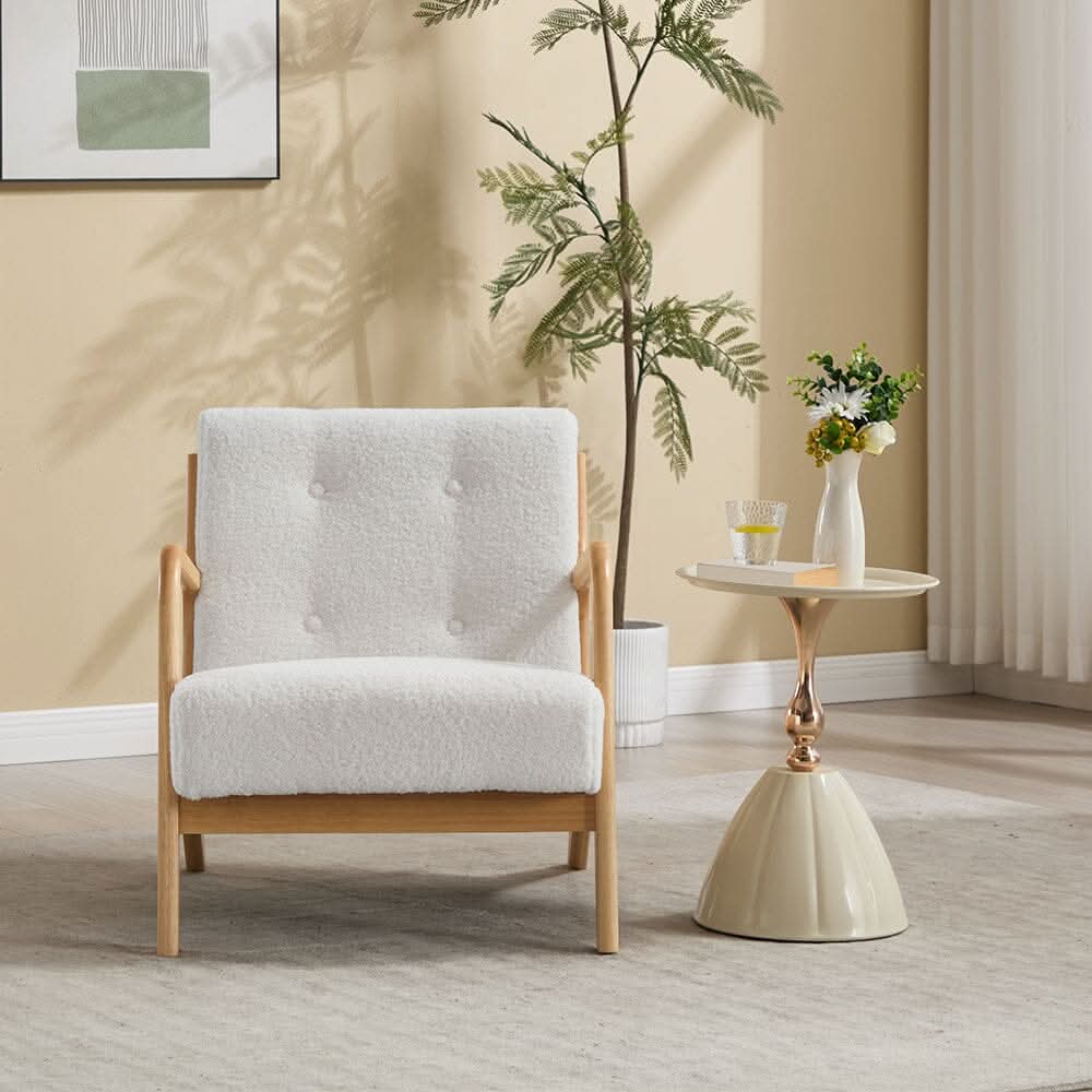White Teddy Fleece Accent Chair with Solid Wood Arms & Modular Design