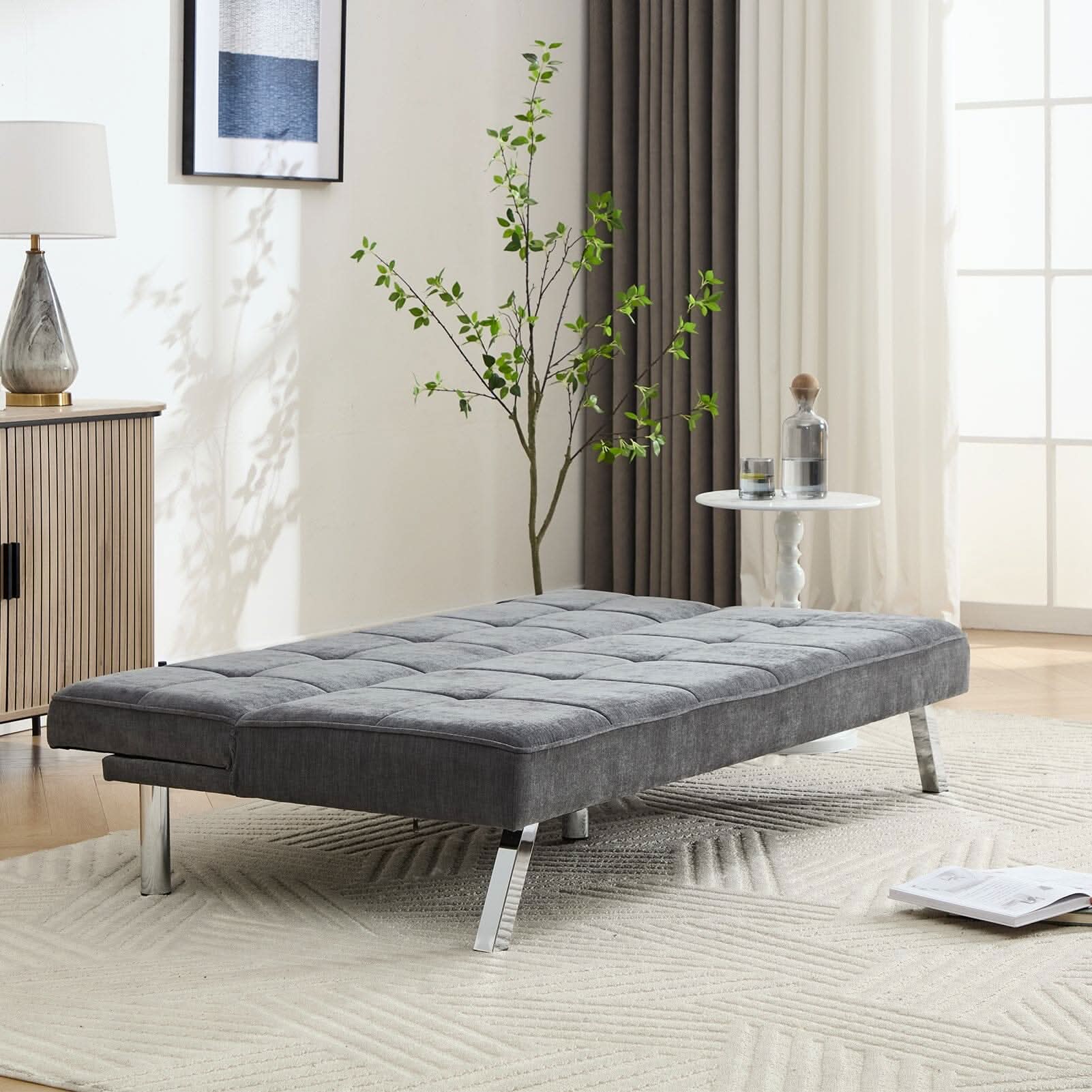 Convertible Sofa Bed with Tufted Fabric and Metal Legs