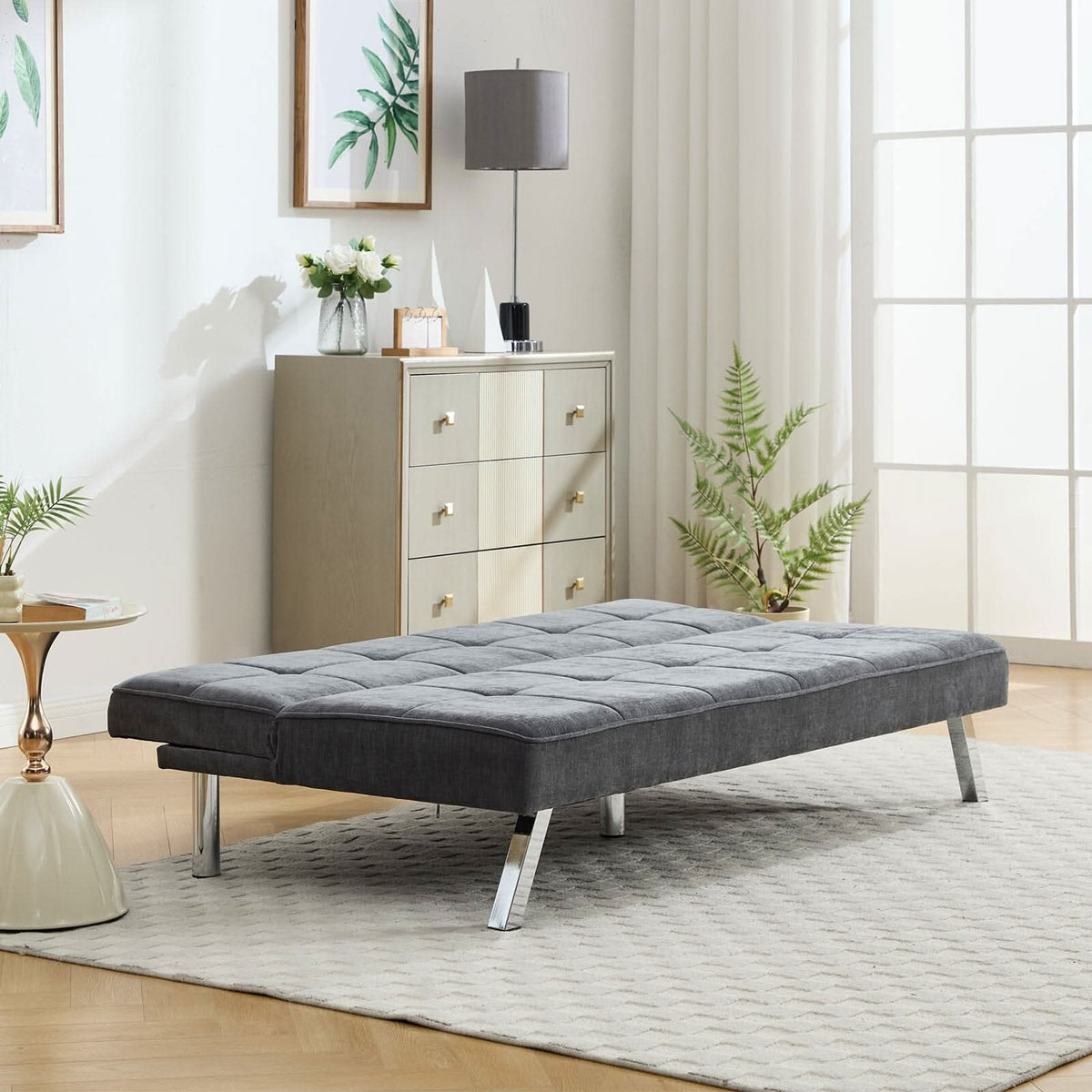 Convertible Sofa Bed with Tufted Fabric and Metal Legs