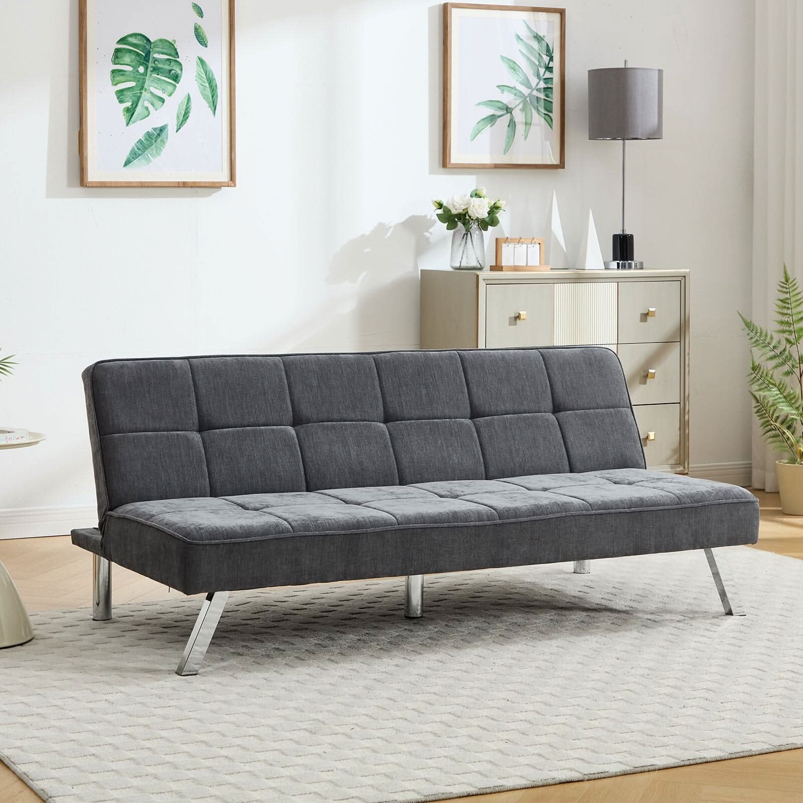 Convertible Sofa Bed with Tufted Fabric and Metal Legs