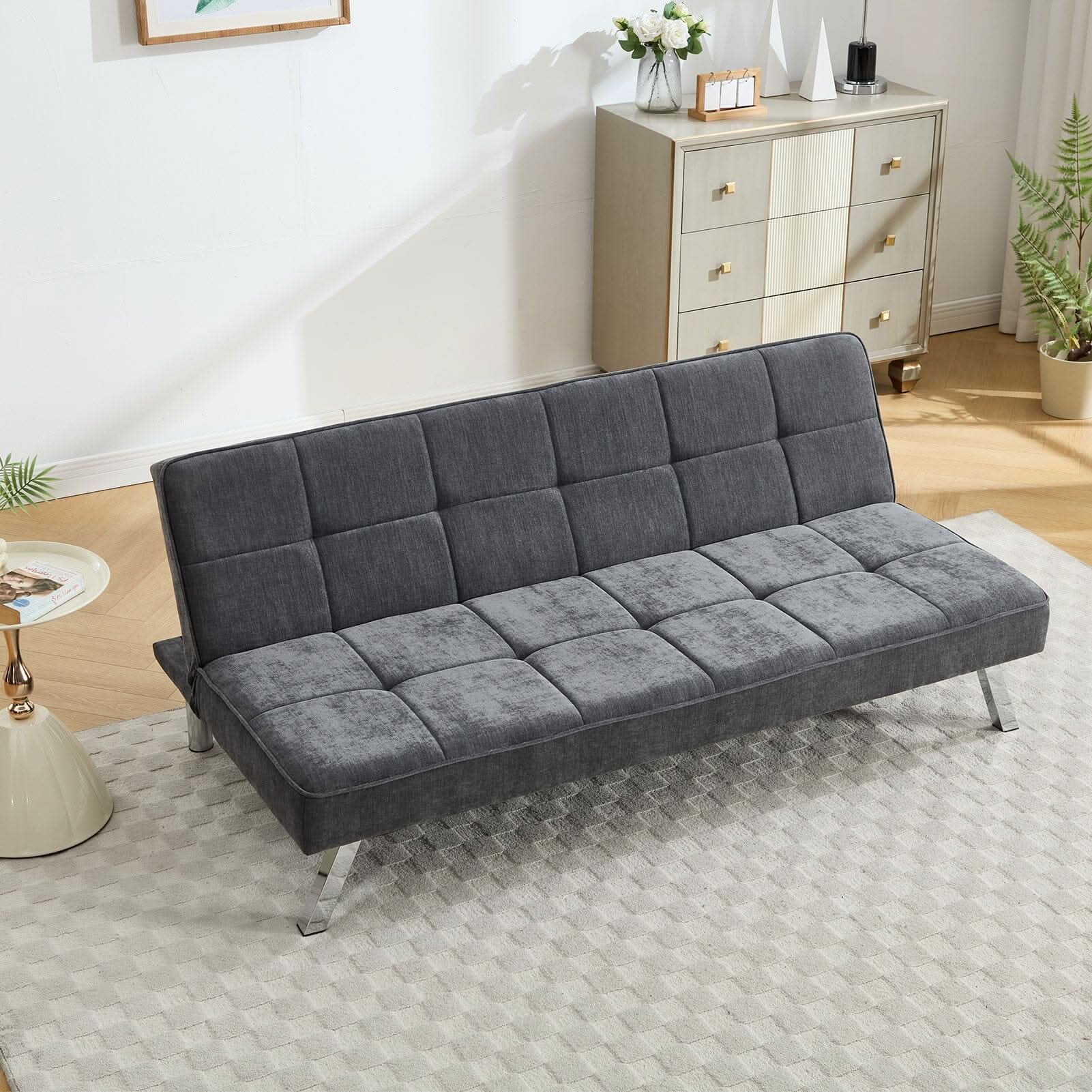 Convertible Sofa Bed with Tufted Fabric and Metal Legs
