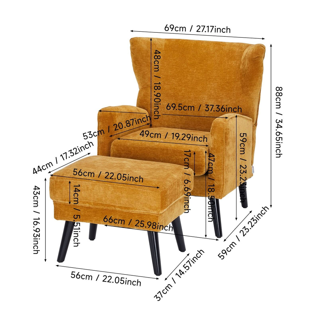 Chenille & Velvet Accent Chair with Ottoman Set